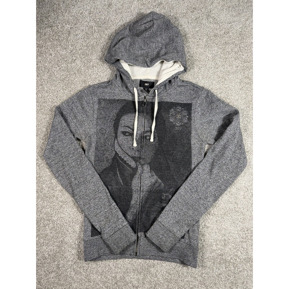 Obey Women's Grey Full-Zip Hoodie with Graphic Print – Size S (US 6)